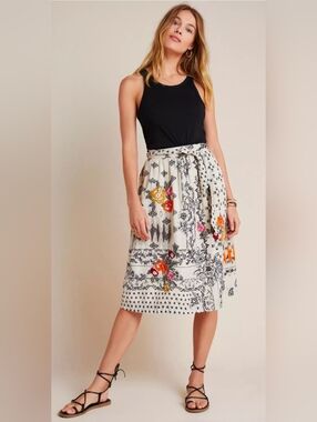 Anthropologie Vineet Bahl Devi Embroidered Floral Midi Skirt Size M